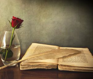 Preview wallpaper book, old, pen, table, vase, rose, red
