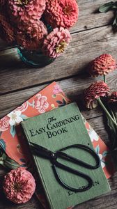Preview wallpaper book, scissors, flowers, dahlias, pink