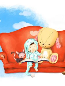 Preview wallpaper book, sky, sofa, rabbit, toy, leisure