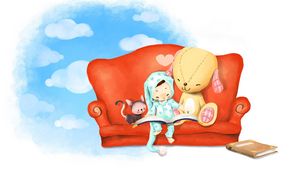 Preview wallpaper book, sky, sofa, rabbit, toy, leisure