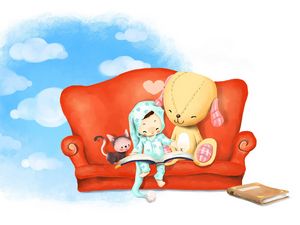 Preview wallpaper book, sky, sofa, rabbit, toy, leisure