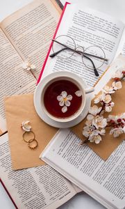 Preview wallpaper books, cup, flowers, glasses, rings