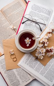 Preview wallpaper books, cup, flowers, glasses, rings