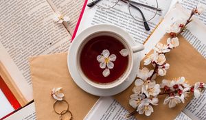 Preview wallpaper books, cup, flowers, glasses, rings