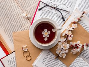 Preview wallpaper books, cup, flowers, glasses, rings