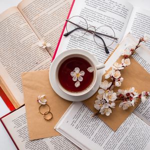 Preview wallpaper books, cup, flowers, glasses, rings