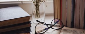 Preview wallpaper books, glasses, vase, window, window sill, flowers