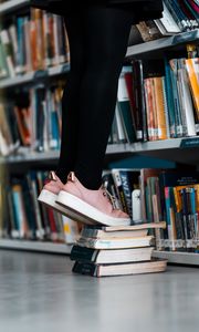 Preview wallpaper books, legs, bookcase, bookshelves, library