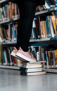 Preview wallpaper books, legs, bookcase, bookshelves, library