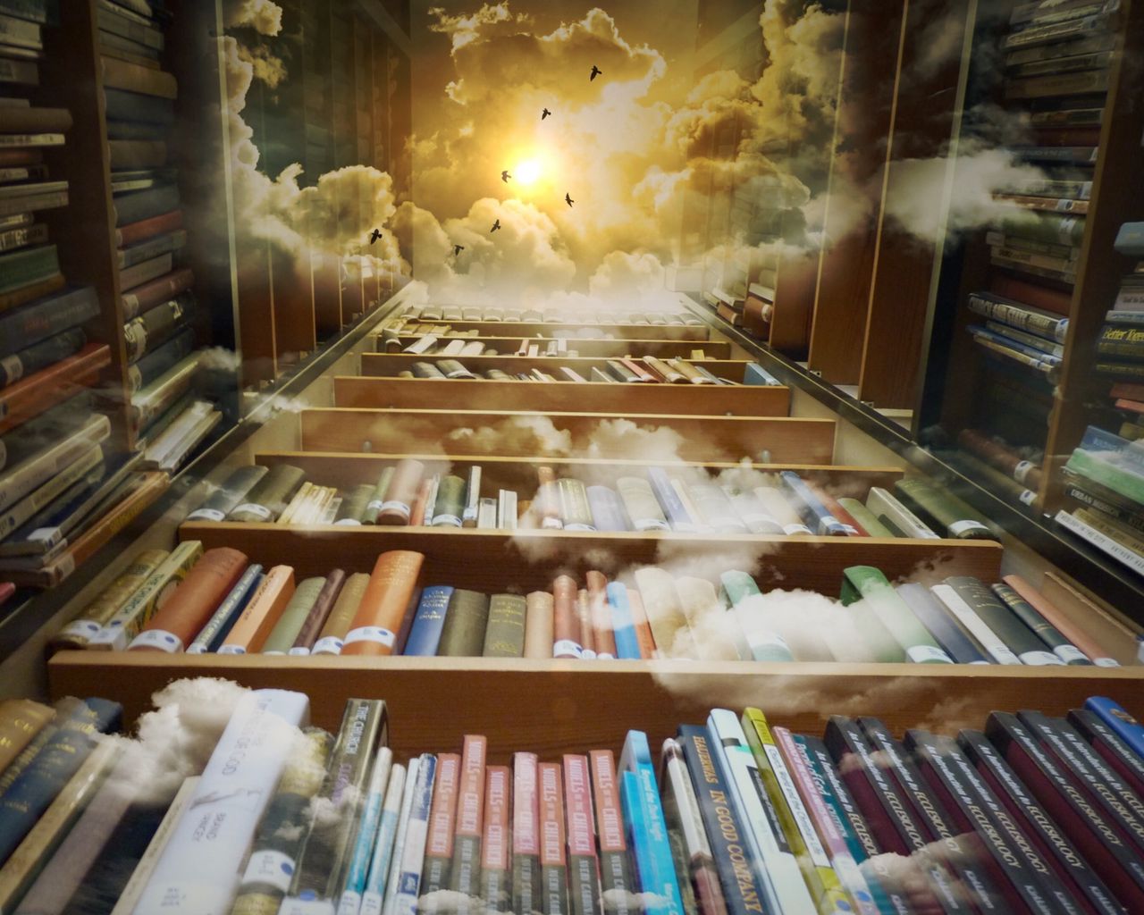 1280x1024 Wallpaper books, library, photoshop, shelves, clouds, reading, flight