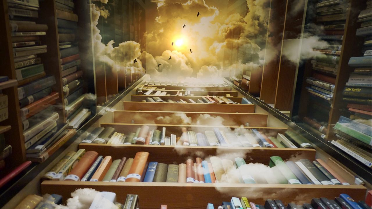 Wallpaper books, library, photoshop, shelves, clouds, reading, flight