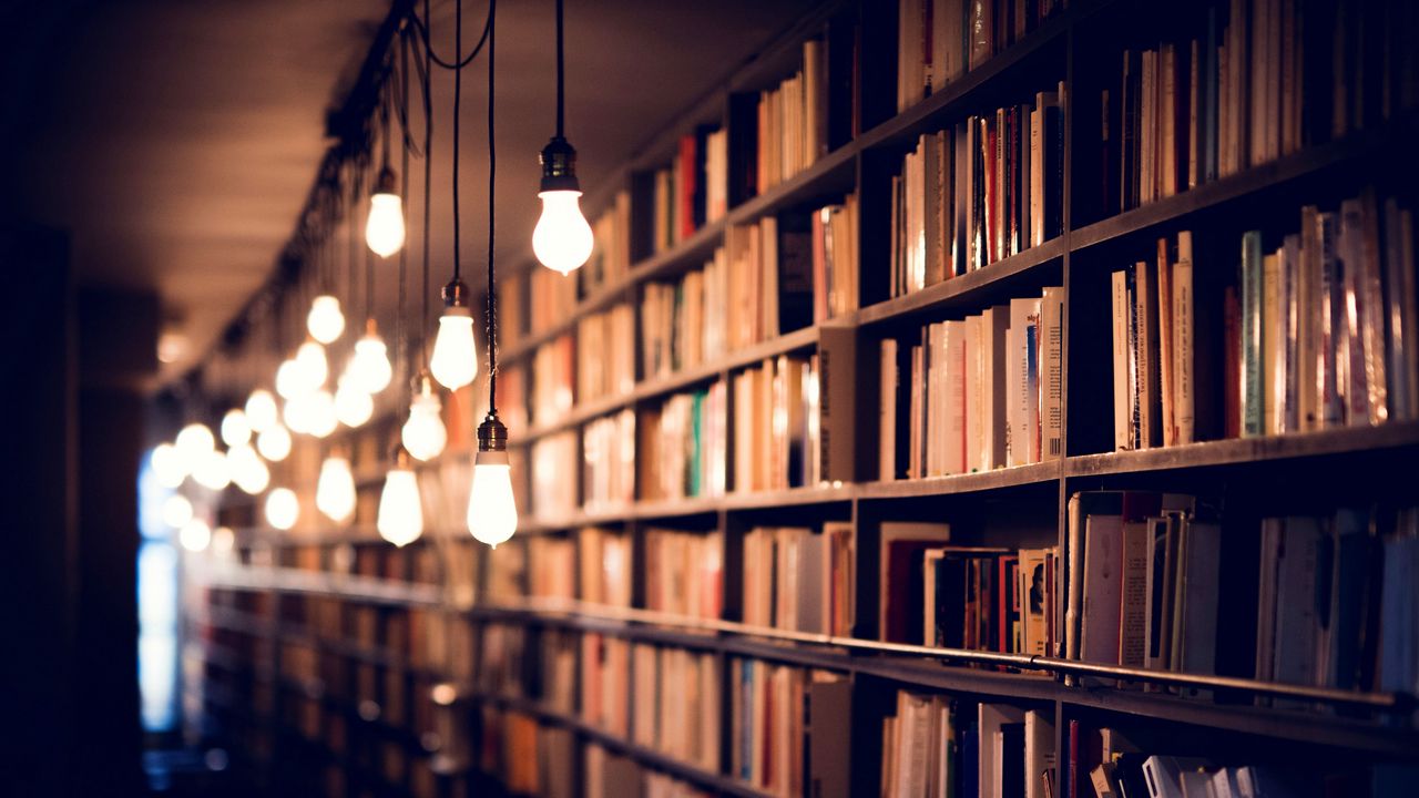 Wallpaper books, library, shelves, lighting