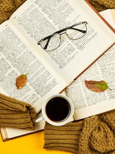 Preview wallpaper books, mug, glasses, leaves, sweater