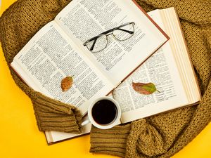 Preview wallpaper books, mug, glasses, leaves, sweater