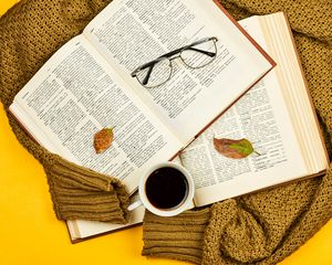 Preview wallpaper books, mug, glasses, leaves, sweater