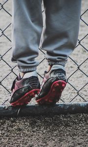 Preview wallpaper boots, feet, child, football, fence, grid