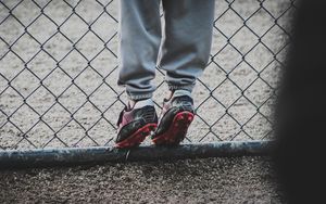 Preview wallpaper boots, feet, child, football, fence, grid