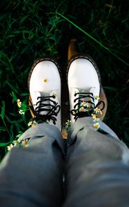 Preview wallpaper boots, legs, daisies, flowers, grass