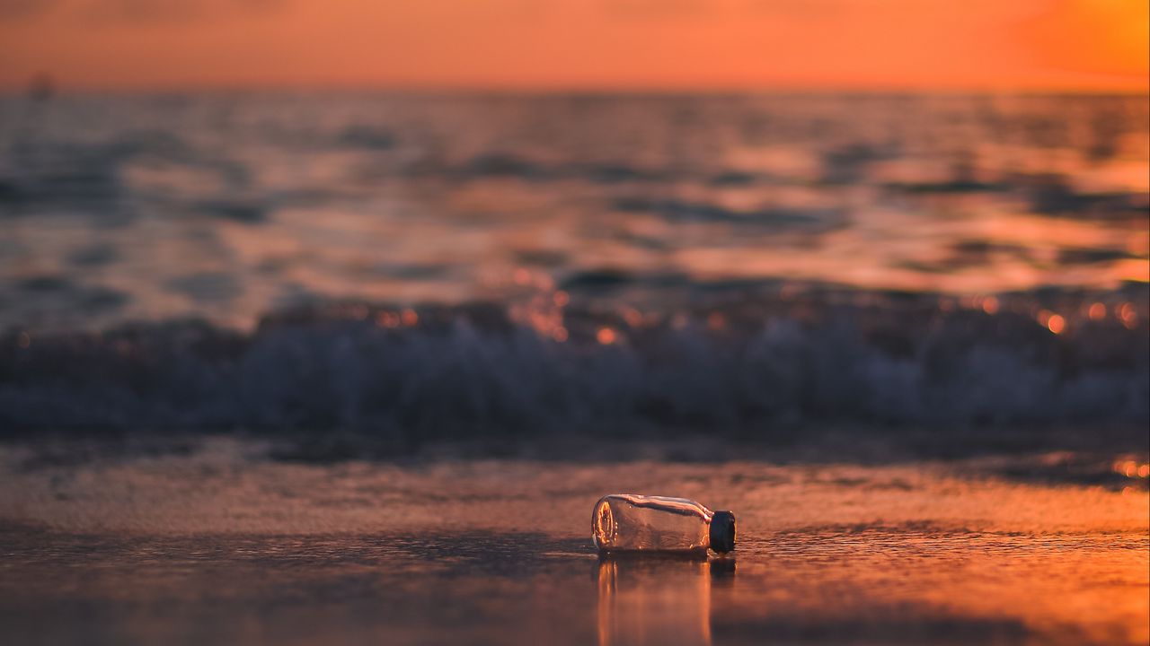 Wallpaper bottle, glass, sea, sunset, shore, blur