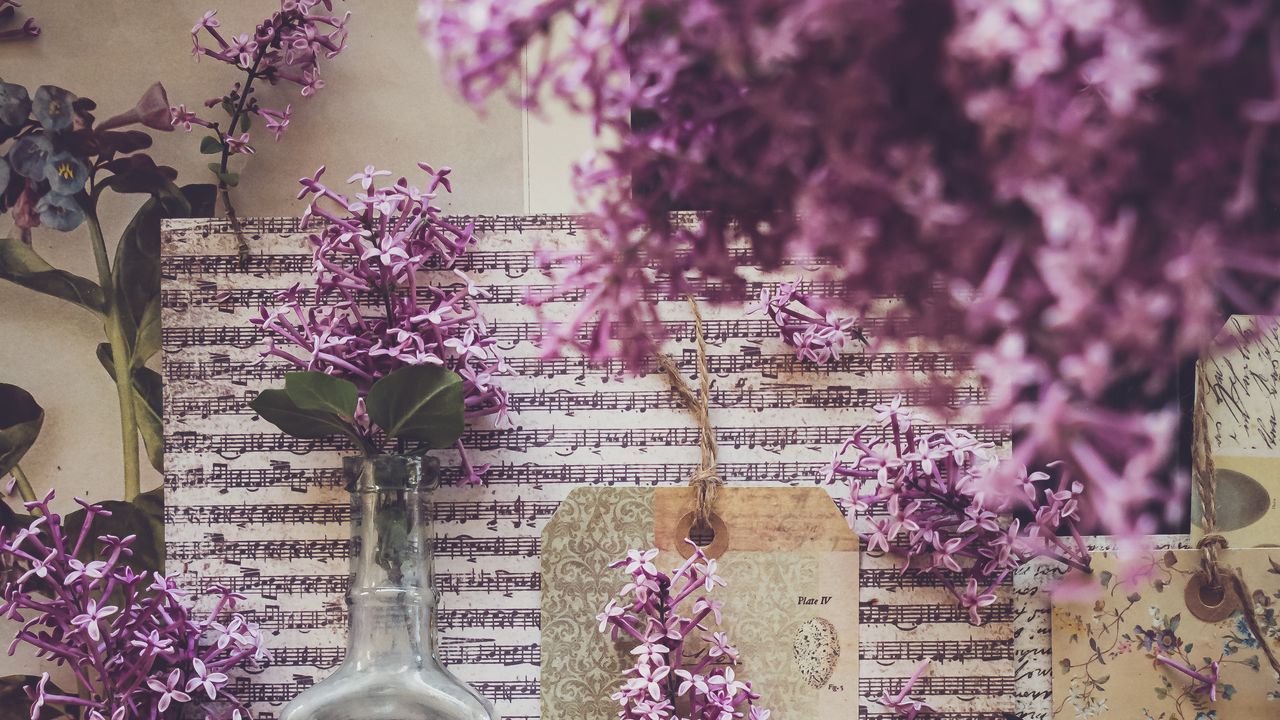 Wallpaper bottle, notes, lilac, flowers, aesthetics