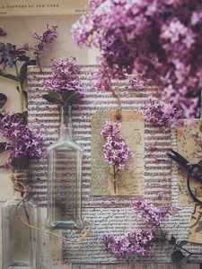 Preview wallpaper bottle, notes, lilac, flowers, aesthetics