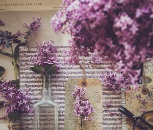 Preview wallpaper bottle, notes, lilac, flowers, aesthetics