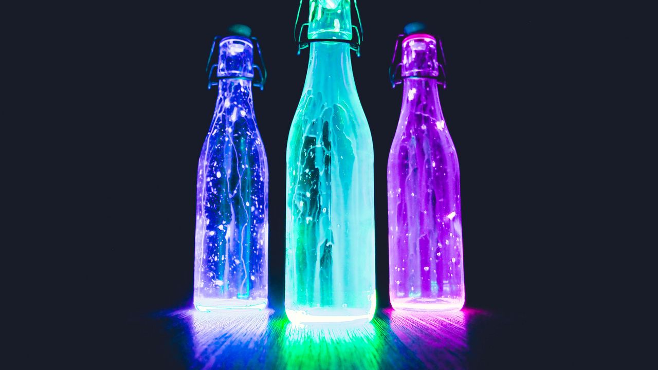 Wallpaper bottles, neon, light, liquid