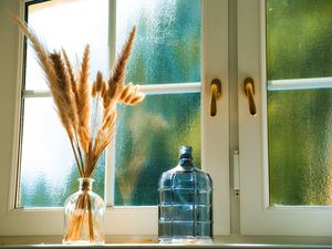 Preview wallpaper bottles, window, dried flowers, glass, bouquet, light, aesthetics