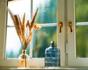 Preview wallpaper bottles, window, dried flowers, glass, bouquet, light, aesthetics