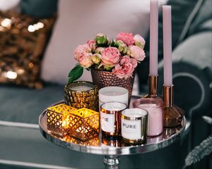 Preview wallpaper bouquet, candles, table