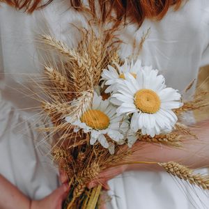 Preview wallpaper bouquet, daisies, wildflowers, hands