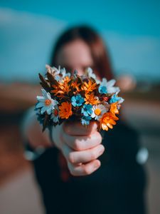 Preview wallpaper bouquet, flowers, hand, girl