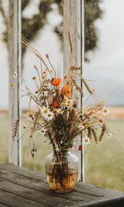 Preview wallpaper bouquet, flowers, spikelets, daisies, poppies