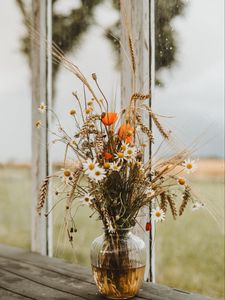 Preview wallpaper bouquet, flowers, spikelets, daisies, poppies