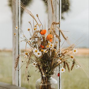 Preview wallpaper bouquet, flowers, spikelets, daisies, poppies