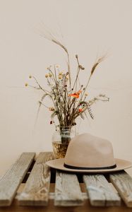 Preview wallpaper bouquet, hat, flowers, spikelets, daisies, poppies