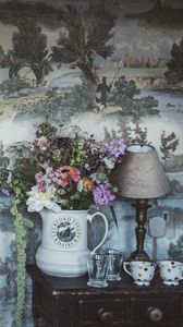 Preview wallpaper bouquet, lamp, cups, wall