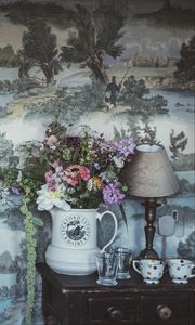 Preview wallpaper bouquet, lamp, cups, wall