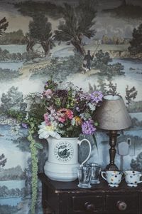 Preview wallpaper bouquet, lamp, cups, wall