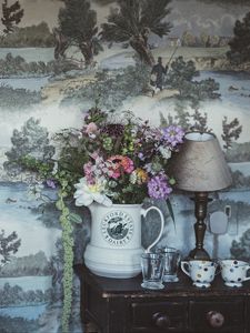 Preview wallpaper bouquet, lamp, cups, wall