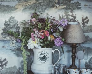 Preview wallpaper bouquet, lamp, cups, wall