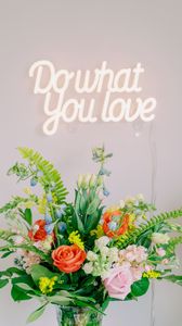 Preview wallpaper bouquet, love, flowers, inscription, neon