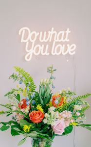 Preview wallpaper bouquet, love, flowers, inscription, neon