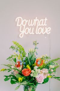 Preview wallpaper bouquet, love, flowers, inscription, neon