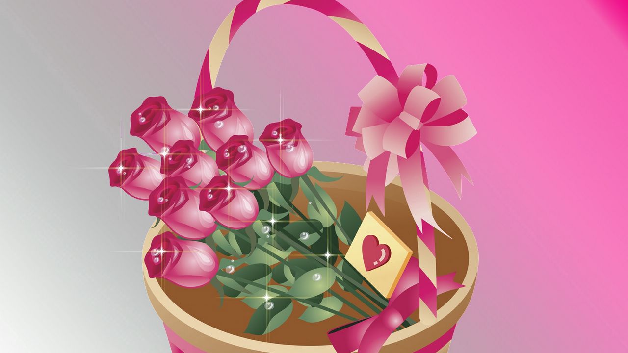 Wallpaper bouquet, roses, basket, pink