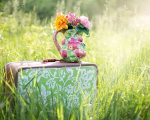 Preview wallpaper bouquet, vase, flowers, suitcase