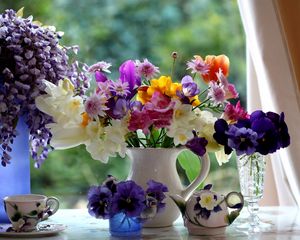 Preview wallpaper bouquet, window sill, kettle, composition