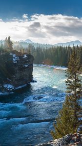 Preview wallpaper bow river, alberta, canada, mountains, rocks, winter, trees