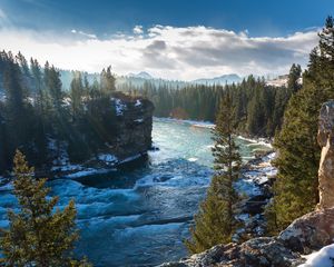 Preview wallpaper bow river, alberta, canada, mountains, rocks, winter, trees