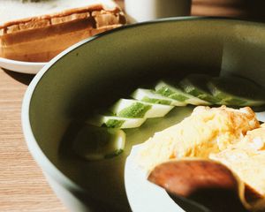 Preview wallpaper bowl, soup, cucumbers, bread